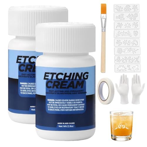 2 Stück 80g Ätzpaste Für Glas Glas Ätzpaste Glass Etching Paste Inklusive Schablonenset Klebeband 1 Paar Handschuhen Und Auftragsbürste Geeignet Für Milchglastüren Und Weingläser