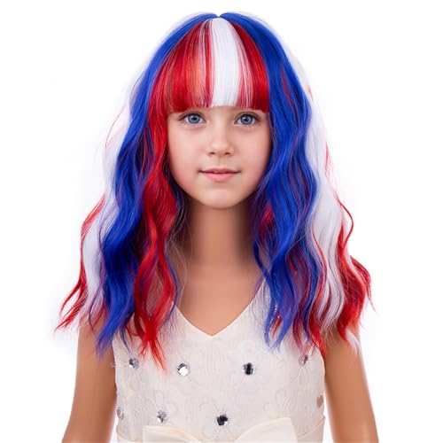 Image of PATTNIUM 4th of July Wigs for Girls Kids Blue Red and White Wig with Bangs Children Short Rainbow Wavy Curly Girl Colorful Bob Wigs Synthetic Halloween Cosplay Wig