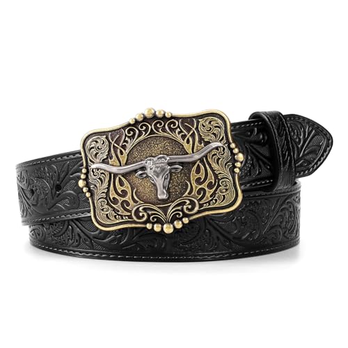 LALATCH Cowboy Cowgirl Belt Western Belts for Men Women Floral Engraved Longhorn Bull Buckle Belt for Jeans Gold Buckle/Black