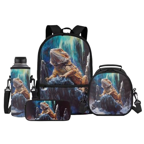 ZPINXIGN Novelty School Backpack Set for Boys Bearded Dragon Design Backpack with Lunch Box Set for Elementary to Middle School Kids Bookbags Pencil Case Water Bottle Sleeve