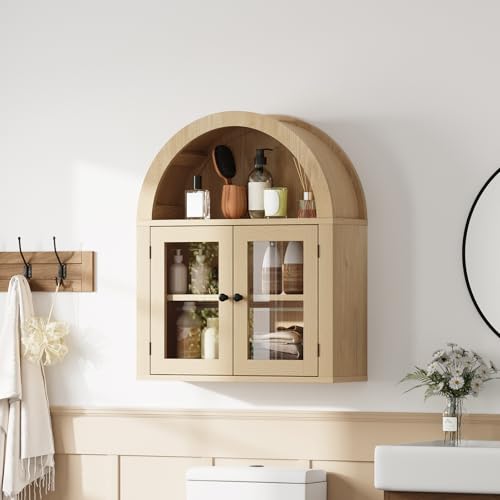 Image of ChooChoo Arched Wall Cabinet with Acrylic Doors, Bathroom Cabinet Wall Mount Over The Toilet with Display Shelf, Wooden Storage Cabinet for Kitchen, Living Room or Entryway, Natural