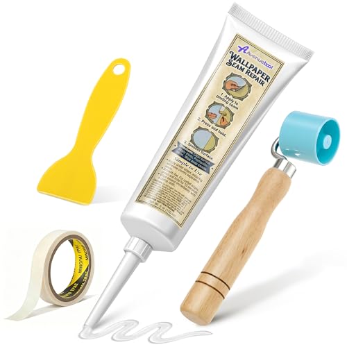 Avenuebool 1 Pack Wallpaper Seam Repair Adhesive Kit 5 oz Wallpaper Glue with Precision Nozzle Seam Roller Scraper & Masking Tape Clear Wall Paper Glue for Loose Edges Tears & Overlapping Seams