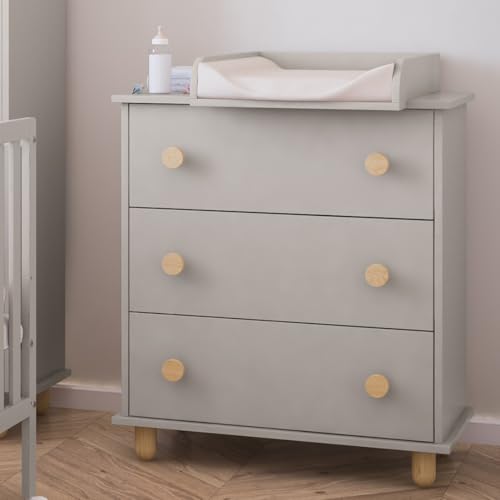 ZEE - Kommode Wickeltisch - Kinderkommode Lumi mit 3 Schubladen - Abnehmbarer Wickelaufsatz - Möbel für das Babyzimmer - Ausstattung des Kinderzimmers - 48x83x93cm - Kaschmir