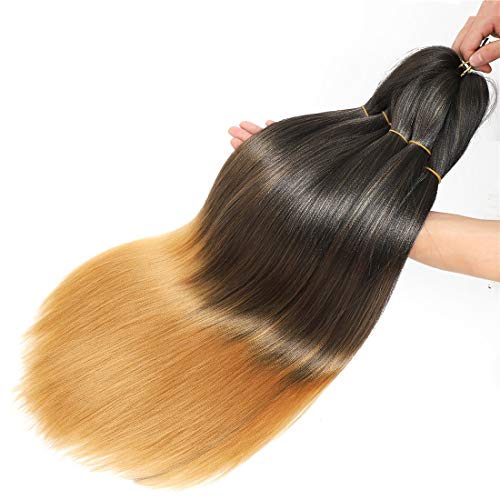 3 Tone Pre Stretched Braiding Hair, 28 Inches Ombre Yaki texture Braid Hair Extensions, 8 Bundles 100% Top Quality Kanekalon Synthetic Colorful Hair Braids (1b-4-27)