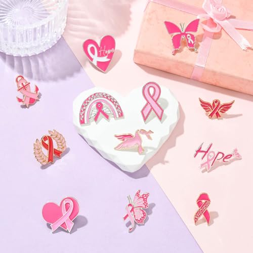 Image of Airssory 12 pcs 12 Styles Pink Awareness Ribbon Theme Alloy Enamel Brooches Breast Cancer Heart Hope Butterfly Lapel Pins for DIY Clothes Backpack Badge Jackets Craft Embellishment