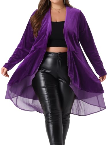 Image of Agnes Orinda Women Plus Size Ruffled Asymmetric Long Velvet Cardigan Jacket