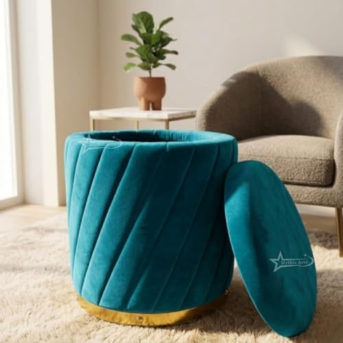 Image of Mythic ArtsRound Upholstered Sitting Stool & Footrest Velvet Storage Ottoman Pouffe16 X 16X 19 inch | Versatile Puffy for Living Room, Bedroom, and Office ? Chic Home Furnishings & Dcor Aqua