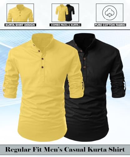Image of FINIVO FASHION Combo of Men's Cotton Blend Solid Regular Fit Full Sleeve Straight Short Kurta Shirt, Casual and Formal Wear
