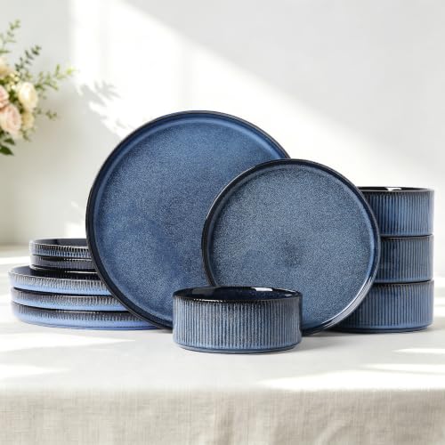 Image of Stoneware Dinnerware Sets for 4, 12Pcs Plates and Bowls Set, Midnight Blue