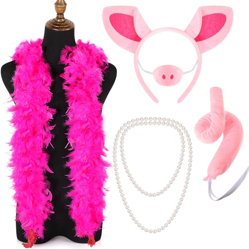 Haysandy 5 Pcs Pig Costume Accessories Set Pig Headband Animal Fancy Costume Kit for Adult Halloween Cosplay Party Dress up (Rose Red)