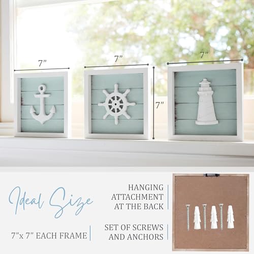 TideAndTales 3D Nautical Wall Decor (7"x7"), Coastal Theme Home Decorations with Anchor, Lighthouse and Ship Wheel, Rustic Ocean Inspired Bathroom Decor - Nautical Gifts - Framed Set of 3 - Image 4