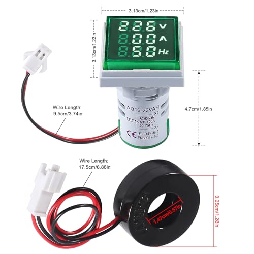 Image of Alinan 3 in 1 60-500V 0-100A AC Digital Ammeter Voltmeter, 22mm Square Digital Tube Screen with Transformer, LED Display Voltage Detector Current Tester Gauge (Green)