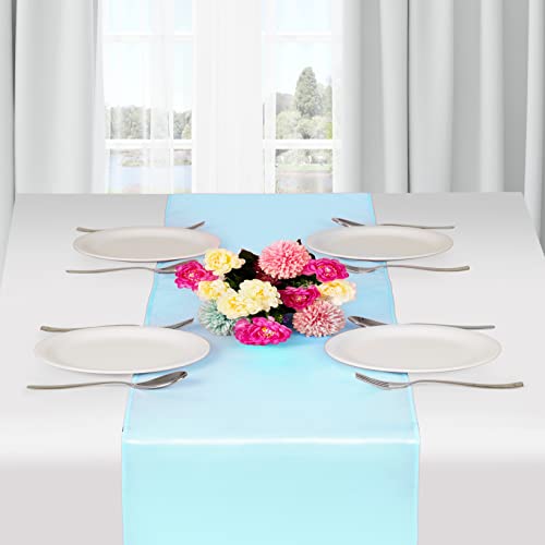 Fynite 12 Pack Satin Table Runner 12 X 108 Inches Long | Baby Blue Satin Table Runner For Party Wedding Banquet Decorations | Bright And Smooth Silk Fabric Party Table Runner - Baby Blue #TOP1