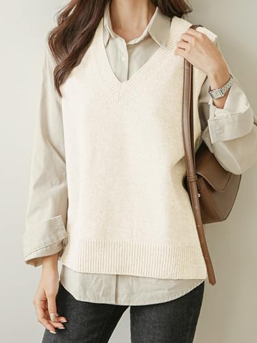 Image of Wowcarbazole Womens V Neck Sweater Vest Casual Ribbed Knitted Sleeveless Trendy Pullover Tank Tops Fall