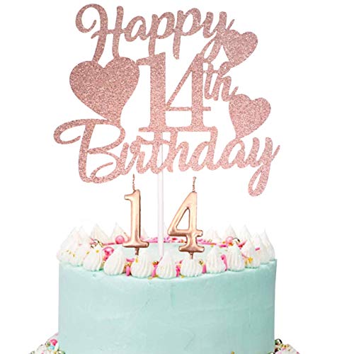 Happy 14th Birthday Cake Topper, Rose Gold 14th Birthday Cake Topper, 14th Birthday Cake Topper with Number 14 Candles for Girl 14th Birthday Party Decorations