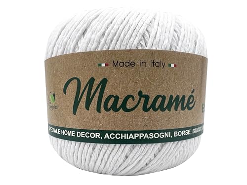 cotone macramè barbante 80% cotone, 20% poliestere, 150g x 200m con spessore 2mm - 100% riciclato MADE IN ITALY per realizzare borse, acchiappasogni, tende, bijoux e molto altro (bianco - 01)