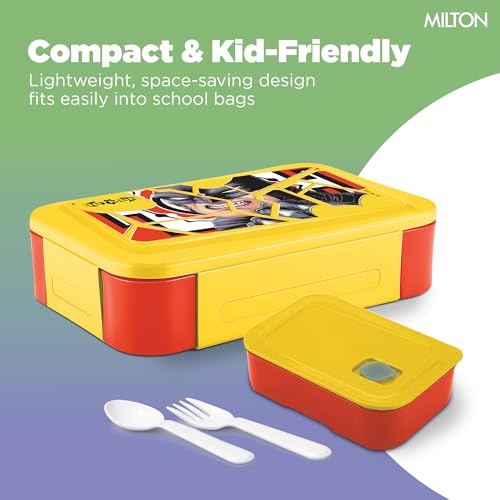 Image of MILTON Berry Tiffin Lunch Box for Kids Boys & Girls with Leak-Proof Inner Container| Food Grade,BPA Free,Compact & Durable Snacks Box for Kids I Plastic Spoon & Fork, 850 ml, Batman Print, Yellow