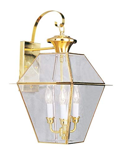 Image of Livex Lighting 2381-02 Outdoor Wall Lantern, Polished Brass | Clear Beveled Glass Shades