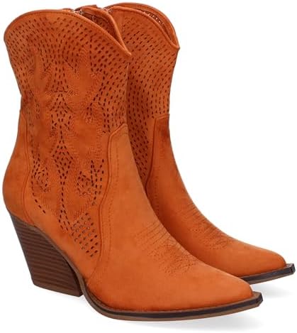 Botin Campero con Tacon, Comodos, Diseno Calado con Bordado en Ca...