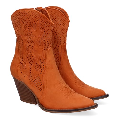 89160 Botin Campero con Tacon, Comodos, Diseno Calado con Bordado en Cana y Empeine y Cierre de Cremallera. Naranja Talla 38