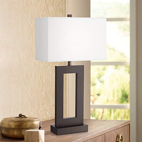 Marshall Modern Industrial Farmhouse Table Lamp 30.25" Tall Bronze Brown Metal Open Window White Rectangular Shade for Living Room Bedroom House Bedside Nightstand Home Office - 360 Lighting