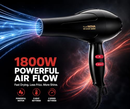 Image of Nova 6130 Hair Dryer 1800W Powerful Hot & Cold Air Blow Dryer for Women & Men | Lightweight Hair Dryer with Styling Nozzle for Home & Travel Use