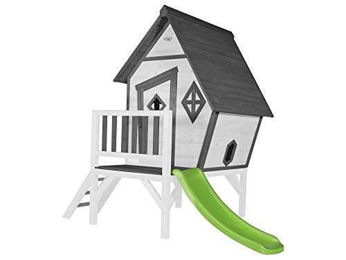Beauty.Scouts Holzspielhaus Valka XL mit Leiter und Rutsche 167x261x219cm aus Holz in grau-weiß Kinder Kinderspielhaus Holzhaus Stelzenhaus asymmetrische Tür