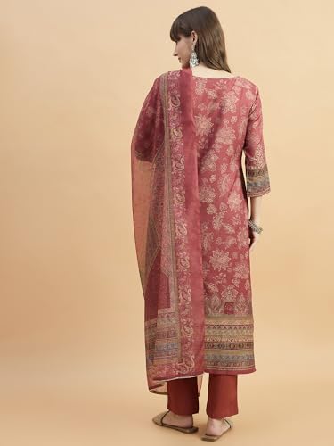 Image of SheWill Kurta Sets for Women - Red Rayon Aari Hand Work with Digital Floral Print Kurta with Pant and Chanderi Dupatta |Stylish Printed Summer Kurti Set