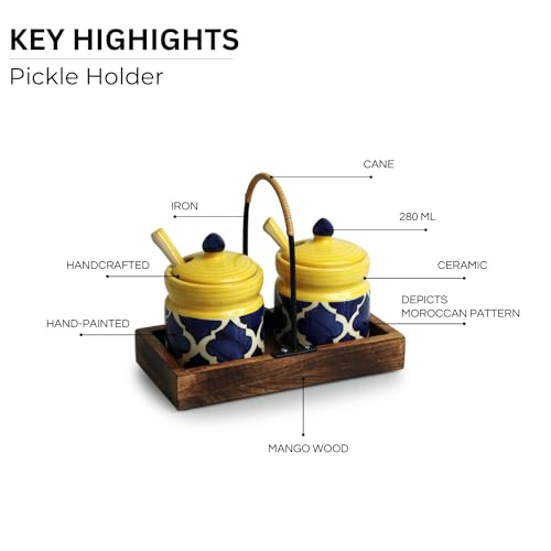 Image of ExclusiveLane 'Moroccan' Ceramic Pickle Jars For Dining Table With Spoon & Wooden Tray (Set of 2,280 ML) |Ceramic Jars For Kitchen Storage Pickle Holder Pickle Jars For Storage,Multicolor