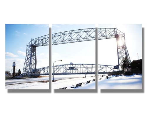 3 Pieces Canvas Wall Art Aerial Lift Bridge Wall Painting American Bridge Posters Artwork Pictures Duluth, Minnesota Wall Art for Living Room Bedroom Office Framed Ready to Hang 16X24X3 INCH