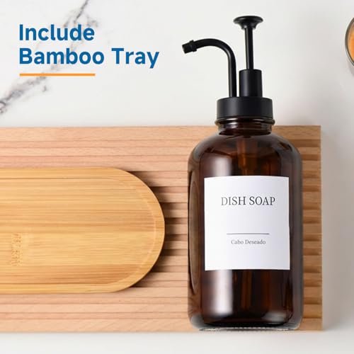Image of Glass Soap Dispenser with Pump, Dish and Hand Soap Dispenser for Kitchen Bathroom Set, Clear Glass Dispenser Set of 2 Pack with 18 Stickers Funnel Bamboo Tray 500ml 18oz Amber
