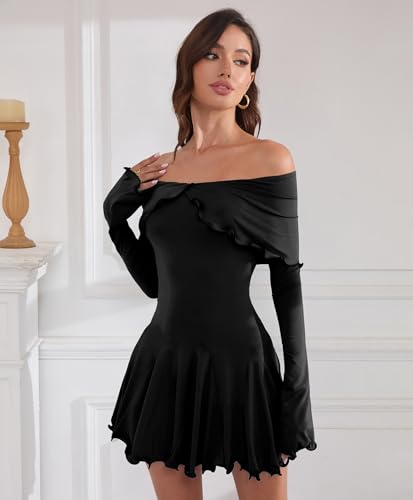Image of Off The Shoulder Dresses for Women Long Slv Ruffle Bodycon Graduation Dress