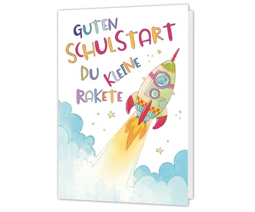 PICTALOO Karte Einschulung Rakete liebevoll von Hand illustriert - Glückwunschkarte Einschulung Schulanfang Klappkarte Schulkind Einschulungskarte inkl. Umschlag produziert in Deutschland