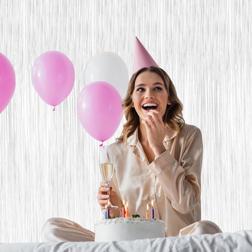 Image of ZATAYE 2 Pack White Foil Curtain Streamer Decorations | White, Metallic Foil, 3.28 x 7.05 FT, Tinsel Backdrop, Foil Curtain Streamer, Party Decor, Photo Booth Door Wall Decor