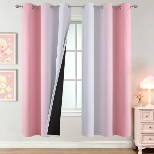 Image of Estelar Textiler Pink and Greyish White Ombre Blackout Curtains 72 Inch Long for Kids Bedroom, Room Darkening Thermal Insulated Grommet Gradient Window Drapes for Living Room /Nursery, 42Wx72L,2 Panels