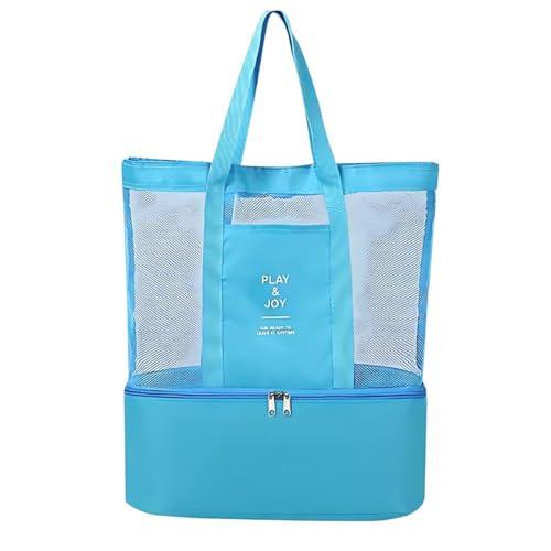 Bolsa de Praia de Rede Ventilada com Compartimento Térmico Isolado, Zíper Seguro e Alças Ajustáveis Reforçadas (Azul)