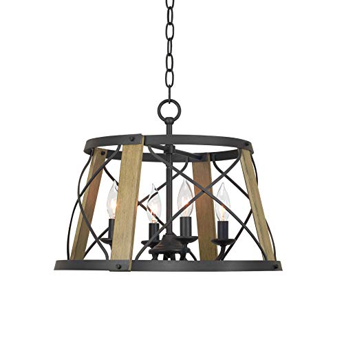 Kira Home Napa 18" 4-Light Industrial Modern Farmhouse Round Chandelier, Adjustable Hanging Height, Smoked Birch Wood Style + Textured Black Finish