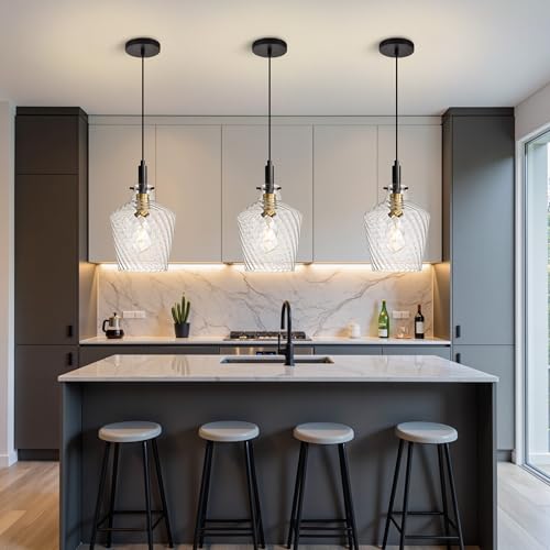Image of Stripes Clear Glass Pendant Light for Kitchen Island Black Gold 8 Inch | Adjustable cord Dimmable, E26 bulbs, Rust-resistant Damp Rated For Bathrooms, 5-Year Manufacturer Warranty, UL Certification