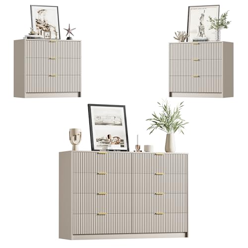 Image of Furniway Beige Dresser Bedroom Set 3 Pieces, Nightstands Sets of 2, 8 Drawer Dresser with Gold Handles for Bedroom