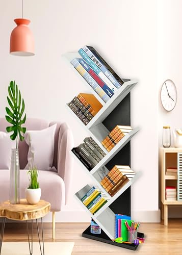 Image of SBF Furniture Engineered Wooden Book Rack,Space Saver Book Shelf for Home Living Room and Office Table Top Free Standing Organizer,Laminated Finish Modern Book Shelve (7Tier Black & White)