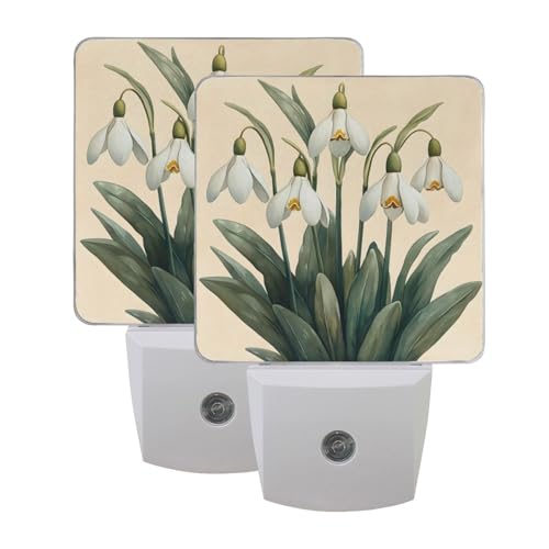 Image of Snowdrops with Green Leaves Night Lights 2 Pack Plug-in Wall Led Nightlight Auto Dusk-to-Dawn Sensor Lamps for Bedroom Kitchen Bathroom