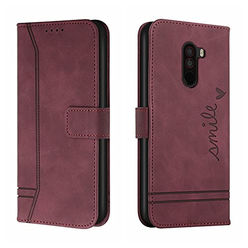 Bravoday Cover per Xiaomi Pocophone F1, Flip Custodia in Pelle PU Portafoglio Custodia per Xiaomi Pocophone F1, con Slot per Schede, Vino Rosso