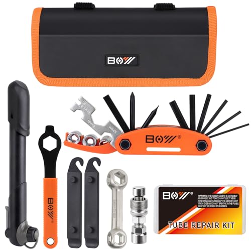 Bicycle Repair Bag With Tire Pump, Portable Tool Kit for Camping Travel - Bike Glueless Patches, Maintenance Essentials All in One Safety Kit