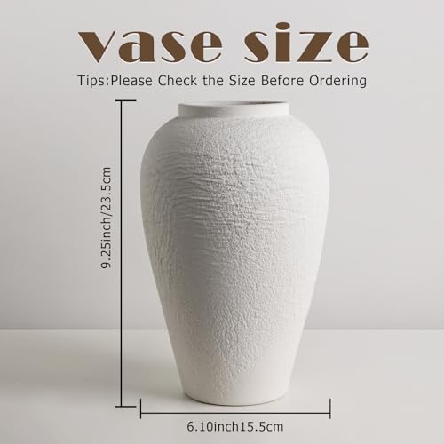 Vintage Stone Textured Ceramic Vase, Minimalist White Flower Vase, Rustic Decorative Centerpiece for Farmhouse, Living Room, Shelf, Dining Table Home Decor, Medium-Sized (White Texture 9.3'' Tall) — view 2