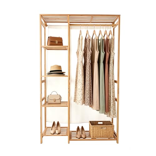 BREEZENEST Bamboo Clothes Rail Garment Rack Open Wardrobe Closet with 4-Tier Storage Shelves Heavy Duty Coat Stand for Hanging Clothes Standing Clothing Rack for Bedroom Living Room Laundry