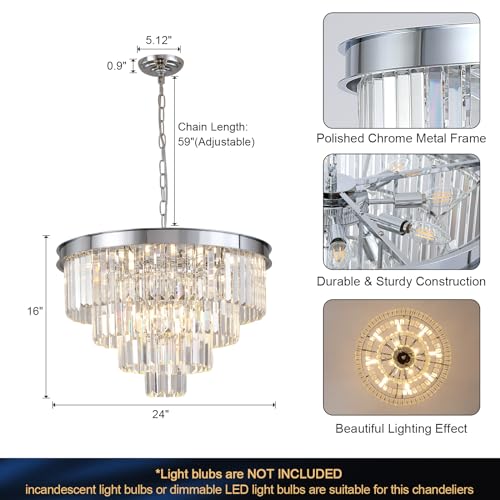 Image of Modern Chrome Crystal Chandelier 24 inch Dining Room Pendant Light Fixture