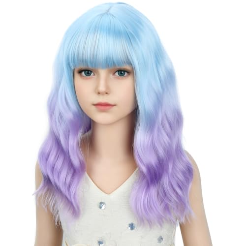Image of Light Blue Ombre Light Purple Wig for Girls Blue Purle Wig with Bangs Adult Short Wavy Curly Wigs Synthetic Cosplay Hair Wigs