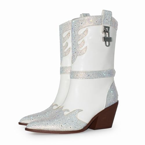 Sparkle Rhinestone Cowboy Boots for Women Mid Calf Western Wide Calf Short Cowgirl Boots Fashion Pointed Toe Glitter Bling Pull on Zipper Chunky Boots Retro Classic Wedding Party