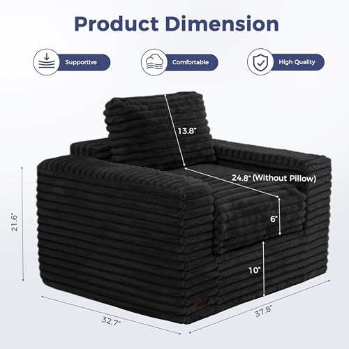 Image of MAXYOYO Bean Bag Chair with Pillows, Floor Sofa with Armrests and Support, Plush Foam Filled Lounge Chair for Adults, Cozy Bean Bag Couch for Living Room, Bedroom, Apartment, Black