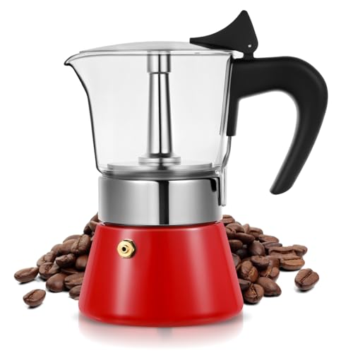Image of 4 Cup 200ml Glass Moka Pot, Stovetop Espresso Maker, Red | Crystal Glass-top & Stainless Steel Coffee Maker, Induction Compatible, for Greca de Cafe, Cuban and Italian Coffee Brewing
